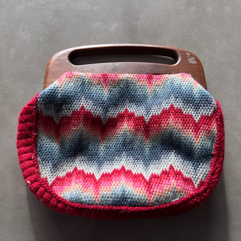 Vintage Double Sided Colorful Knit Handbag with Wooden Handle